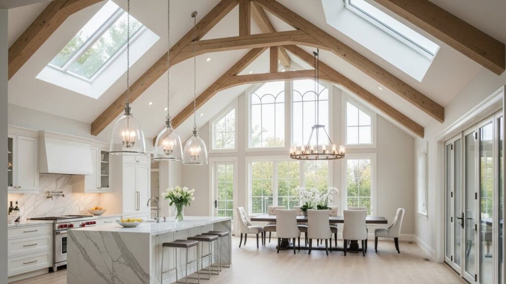 Kitchen and Dining Areas with a Vaulted Ceiling